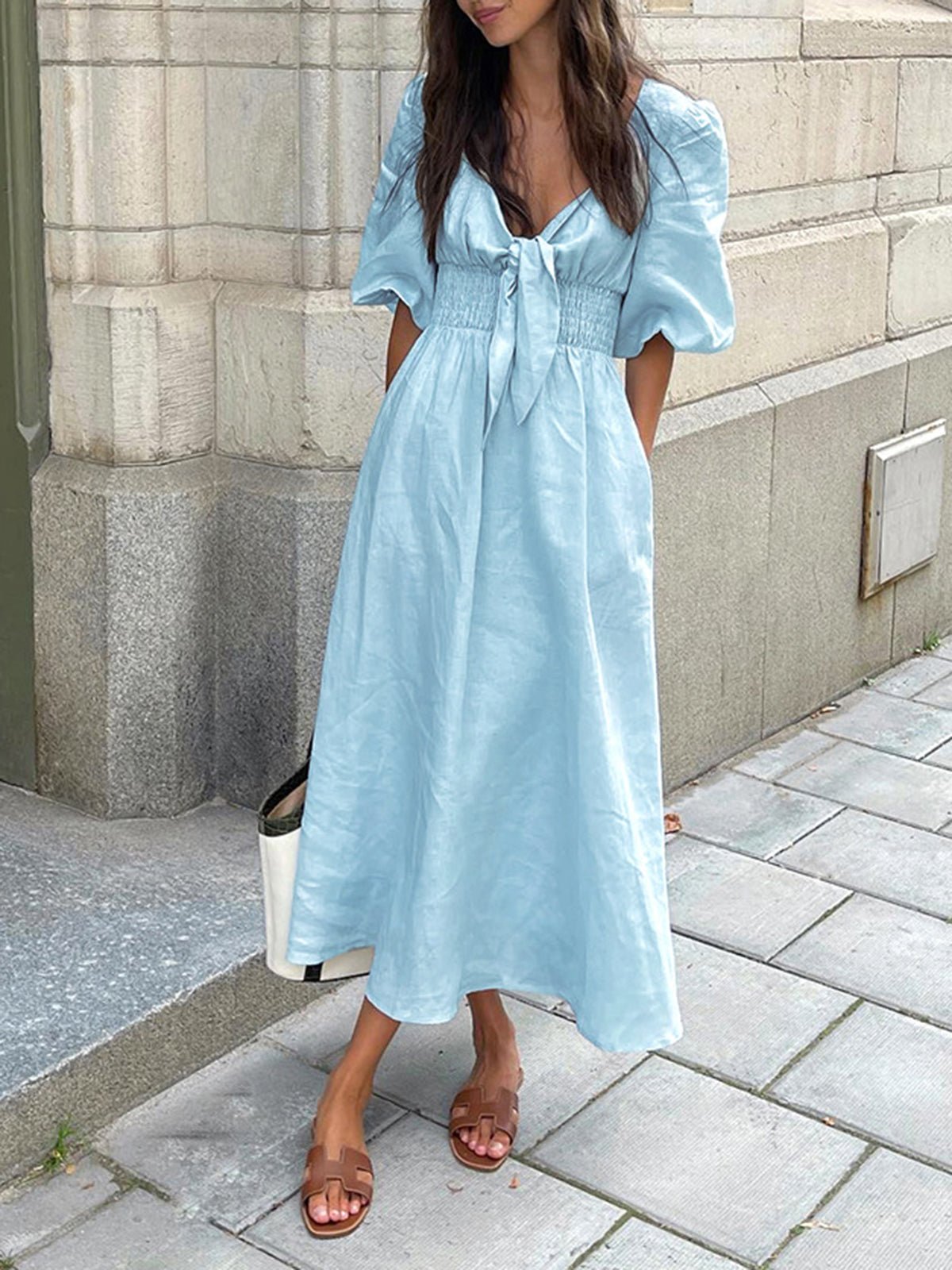 Blue Linen Blend Summer Midi Dress Lightweight