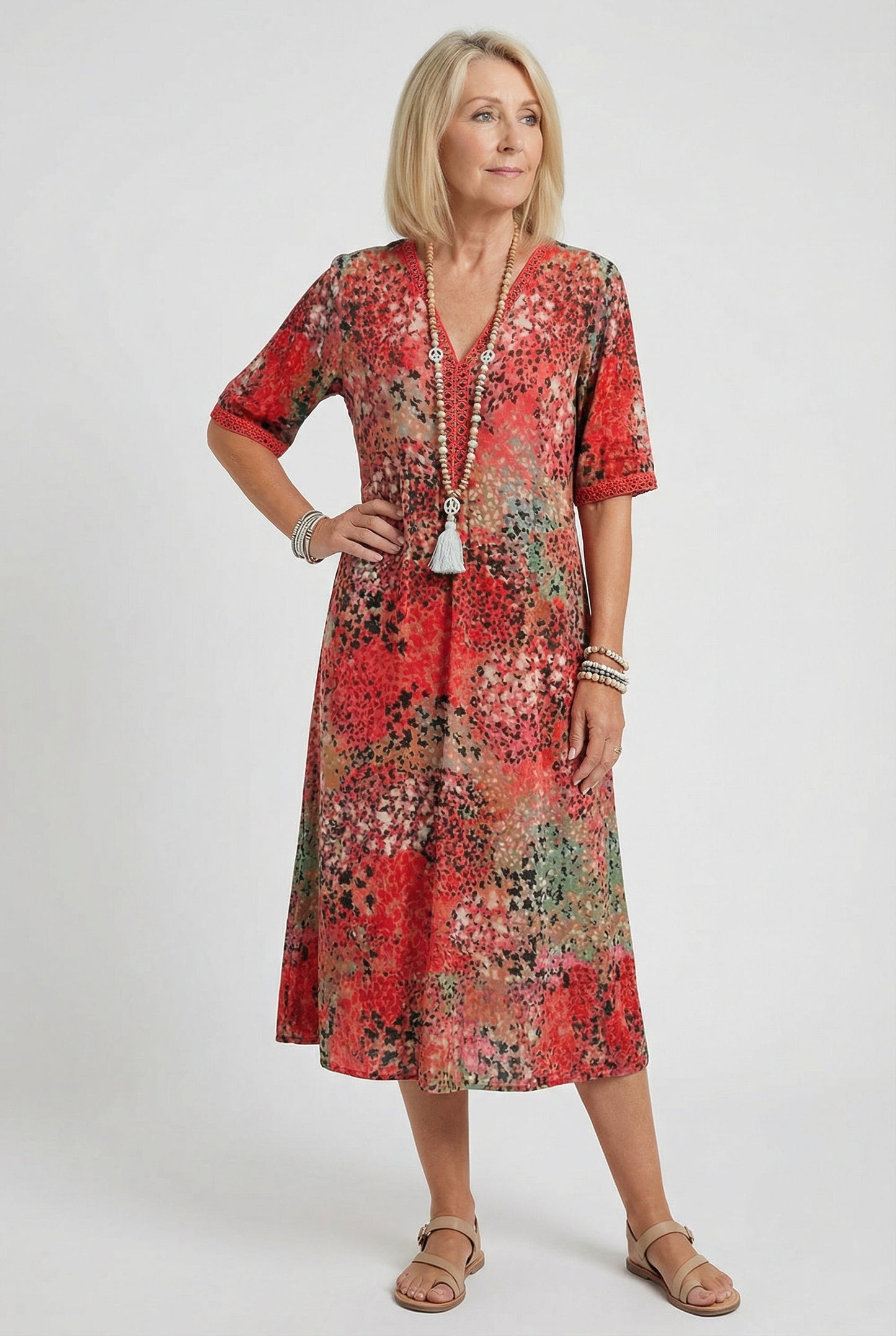 Boho V-Neck Print Midi Dress with Pockets for Women