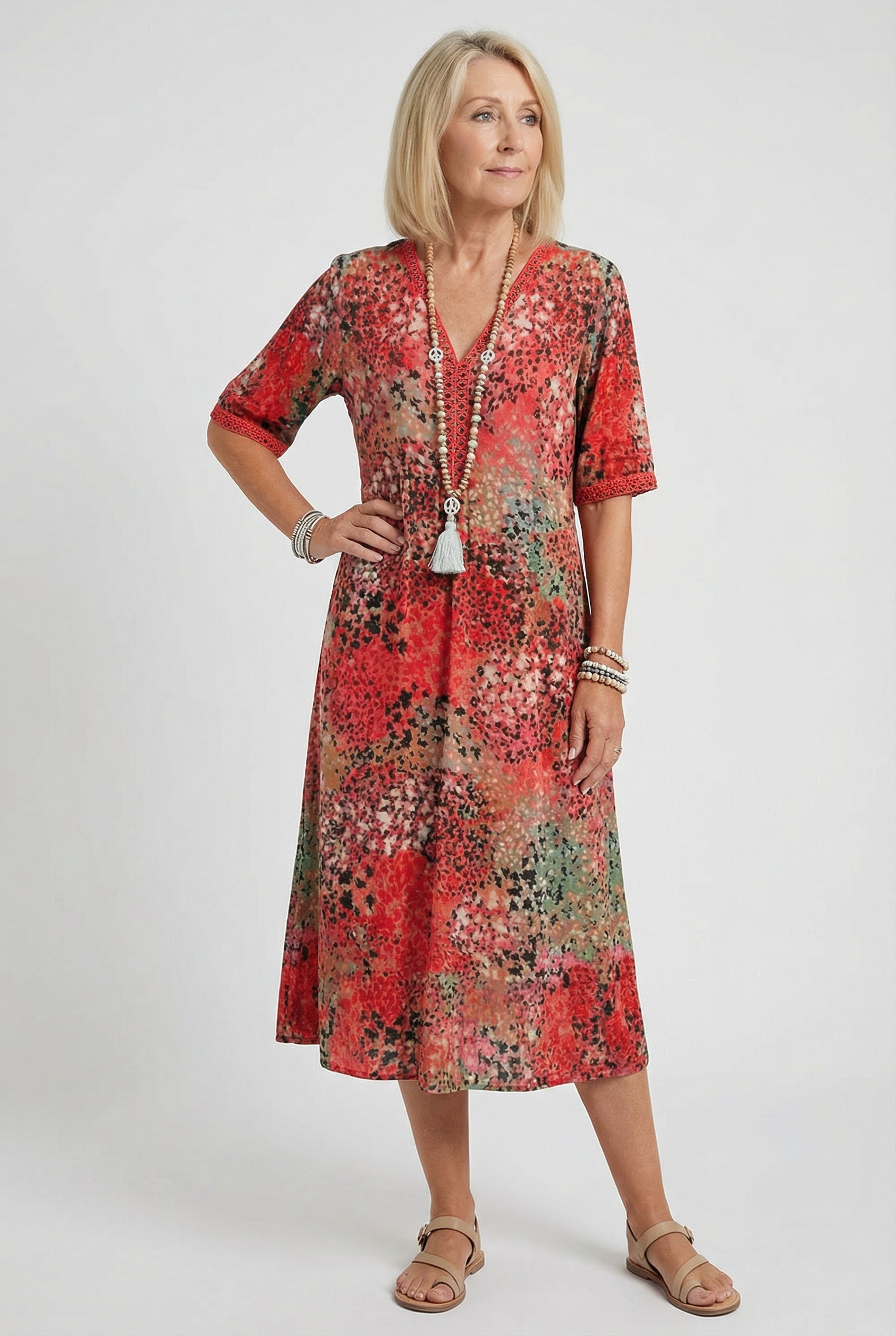 Boho V-Neck Print Midi Dress with Pockets for Women