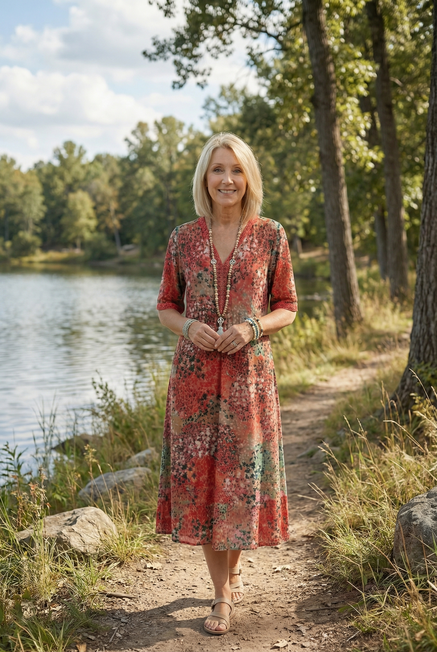 Boho V-Neck Print Midi Dress with Pockets for Women