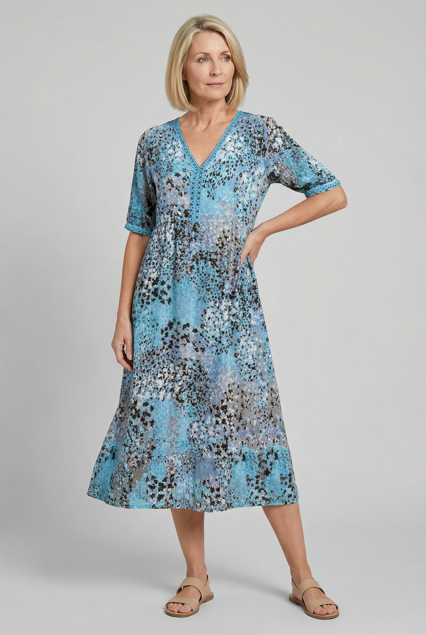 Boho V-Neck Print Midi Dress with Pockets for Women