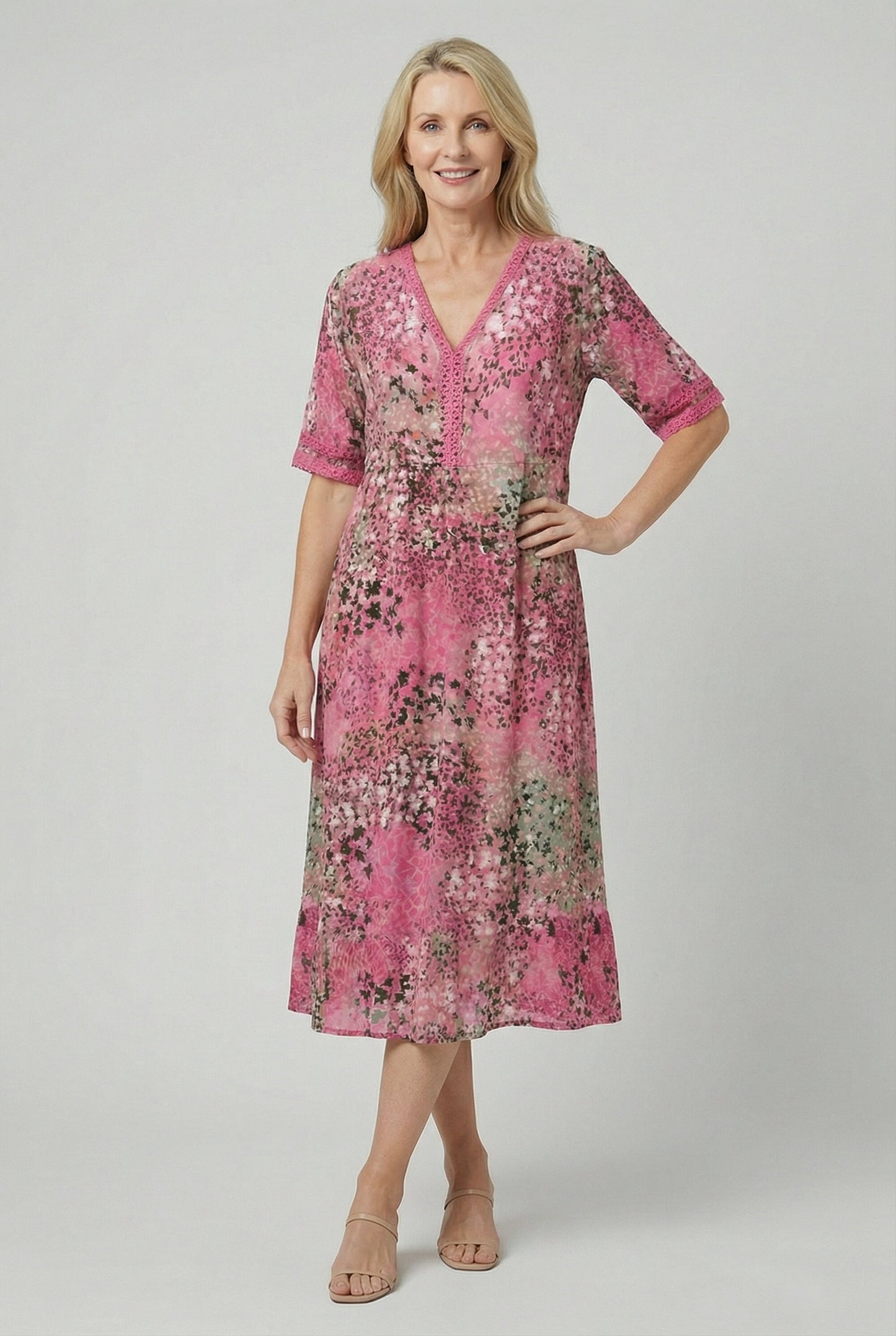 Boho V-Neck Print Midi Dress with Pockets for Women
