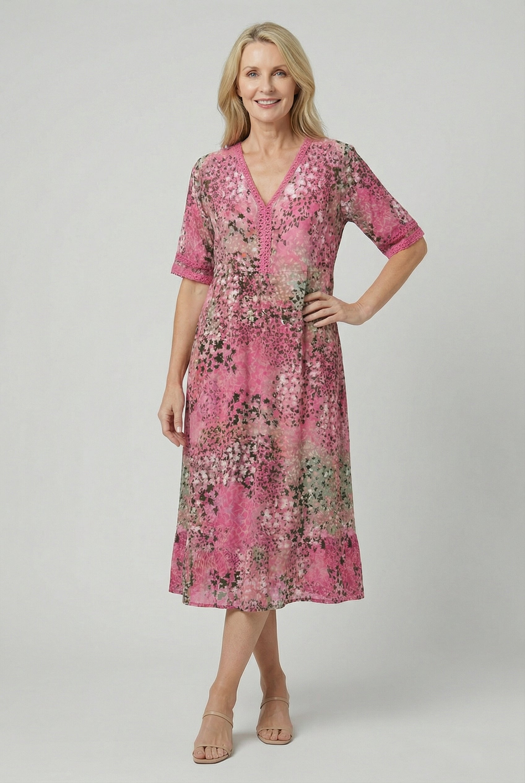 Boho V-Neck Print Midi Dress with Pockets for Women