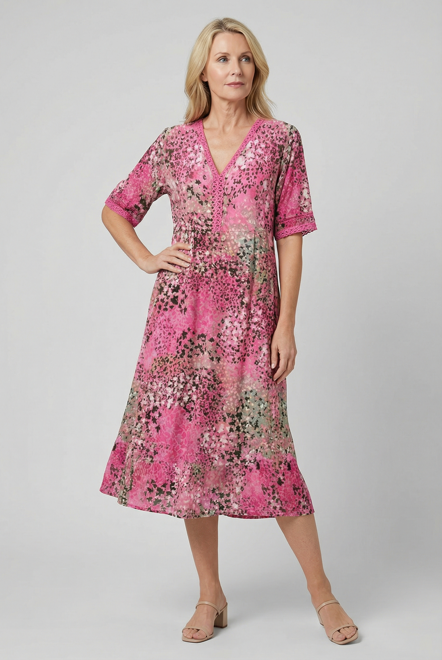 Boho V-Neck Print Midi Dress with Pockets for Women