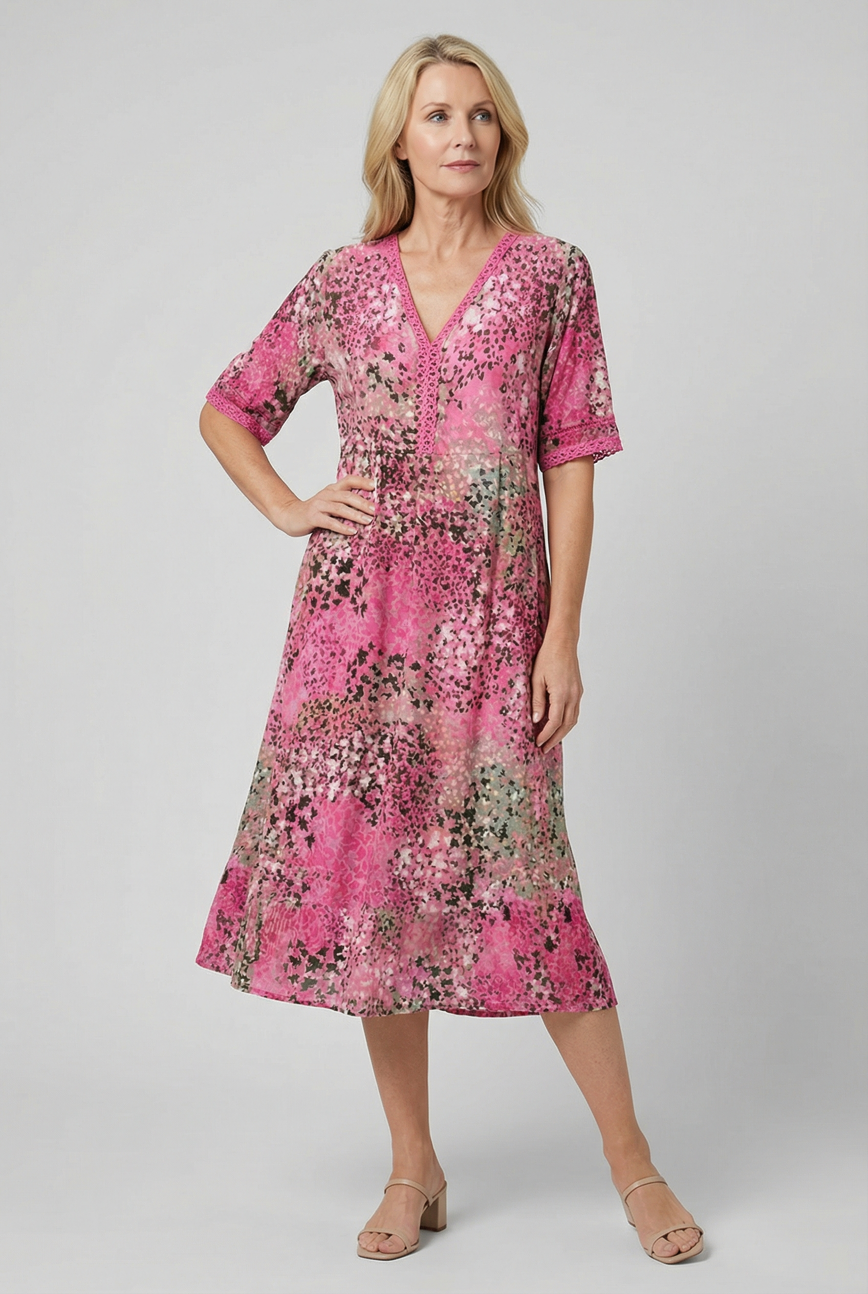 Boho V-Neck Print Midi Dress with Pockets for Women