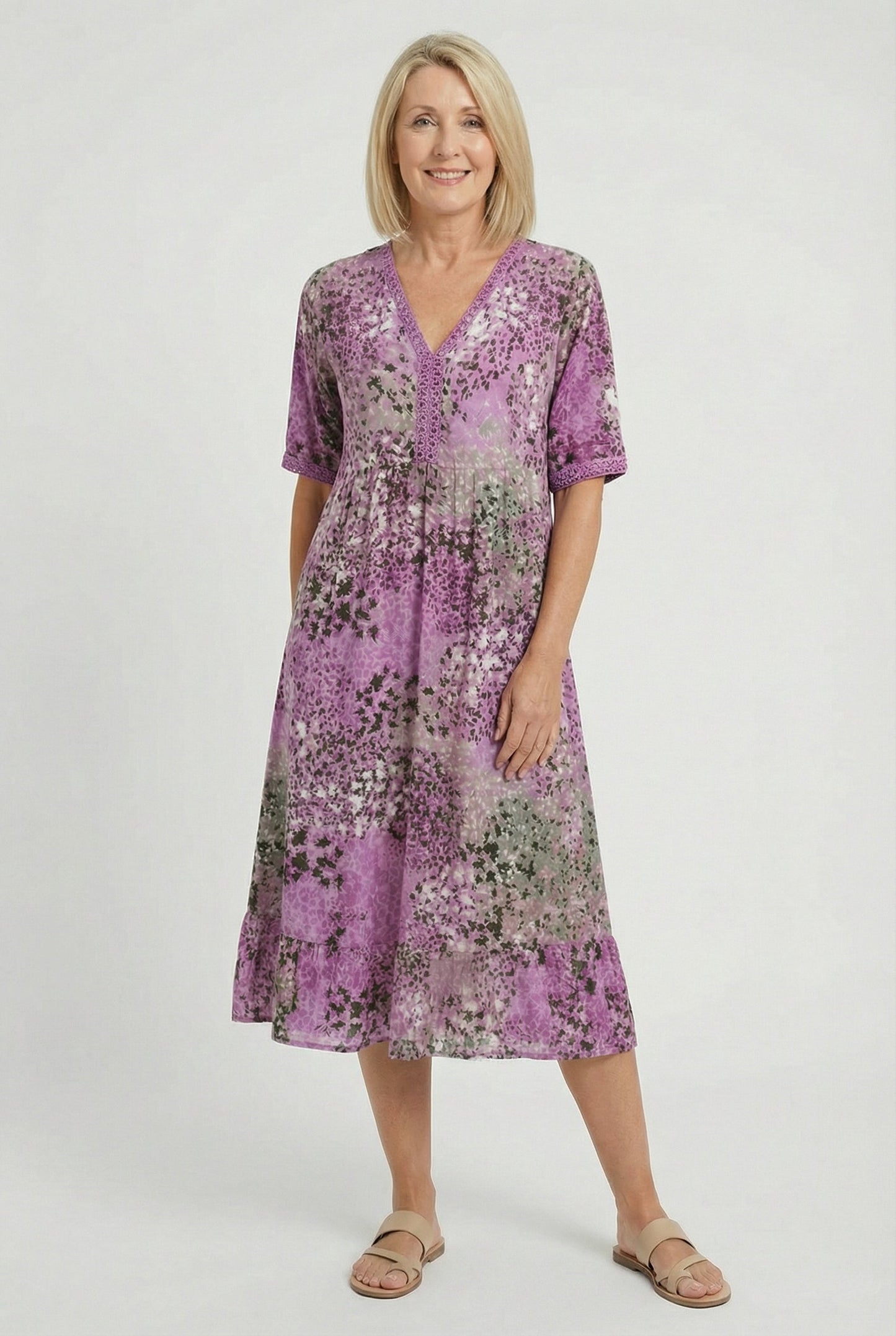Boho V-Neck Print Midi Dress with Pockets for Women