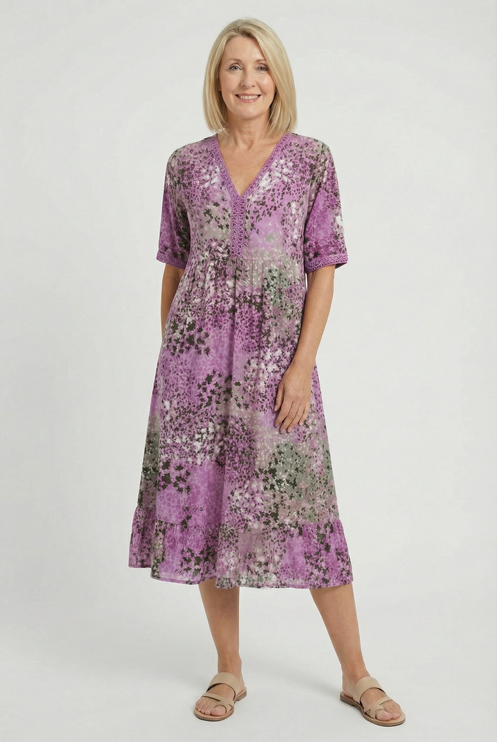 Boho V-Neck Print Midi Dress with Pockets for Women