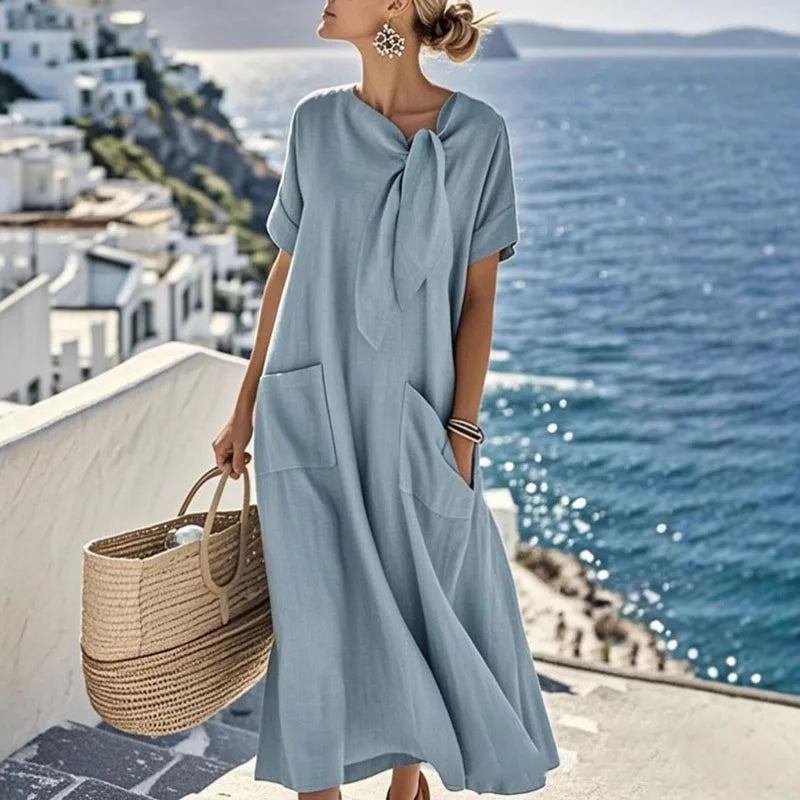 Boho Vintage Dress – Relaxed Fit with Lace-Up Detail for Casual Summer Outings
