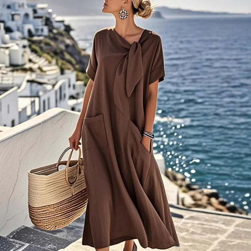 Boho Vintage Dress – Relaxed Fit with Lace-Up Detail for Casual Summer Outings