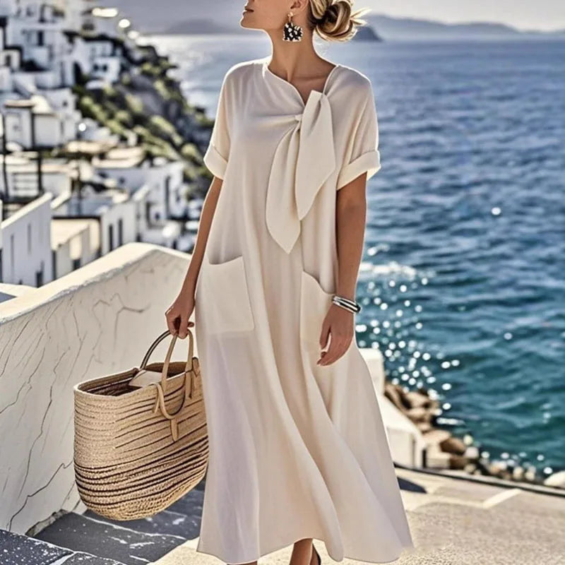 Boho Vintage Dress – Relaxed Fit with Lace-Up Detail for Casual Summer Outings