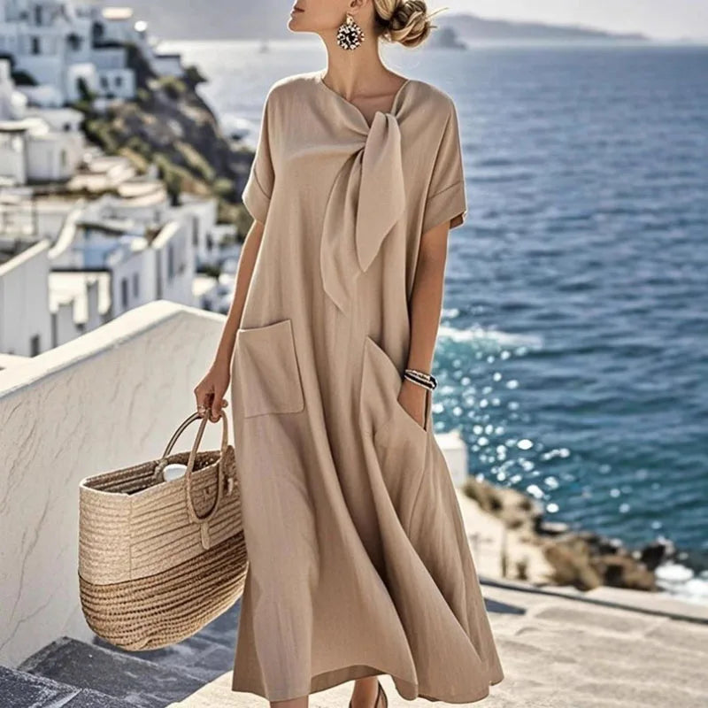 Boho Vintage Dress – Relaxed Fit with Lace-Up Detail for Casual Summer Outings