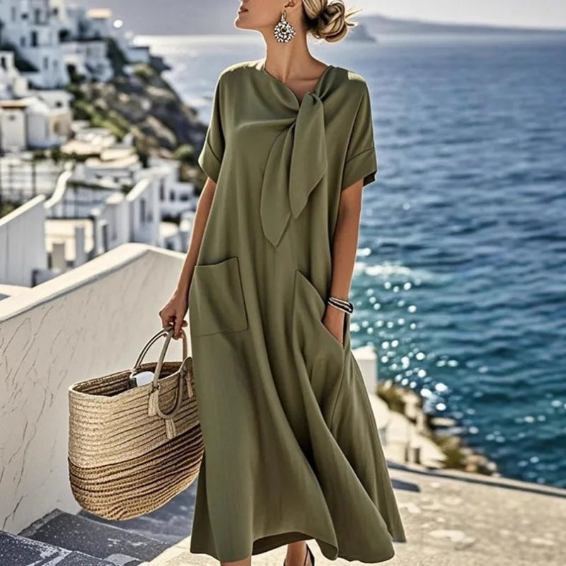 Boho Vintage Dress – Relaxed Fit with Lace-Up Detail for Casual Summer Outings
