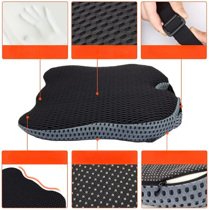 Car seat cushion made of memory foam, designed for supportive comfort, easily rollable for convenient storage and transport. 4