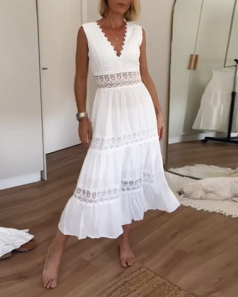 Chic Airy White Summer Midi Dress With Lace V Neck