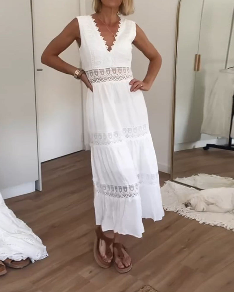 Chic Airy White Summer Midi Dress With Lace V Neck