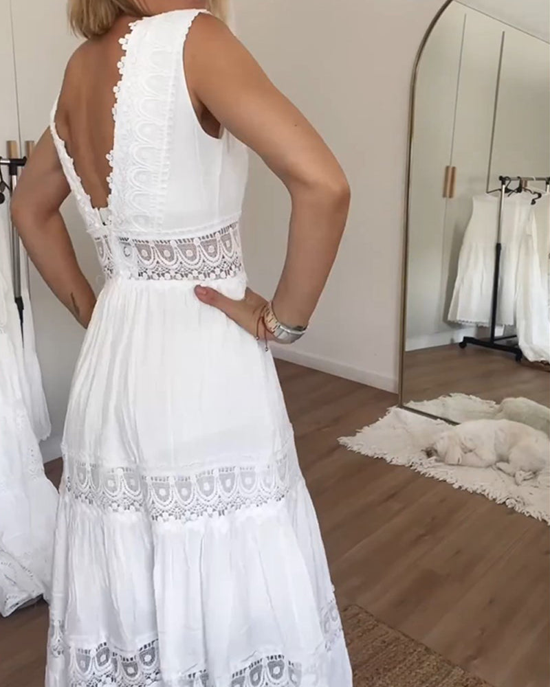 Chic Airy White Summer Midi Dress With Lace V Neck