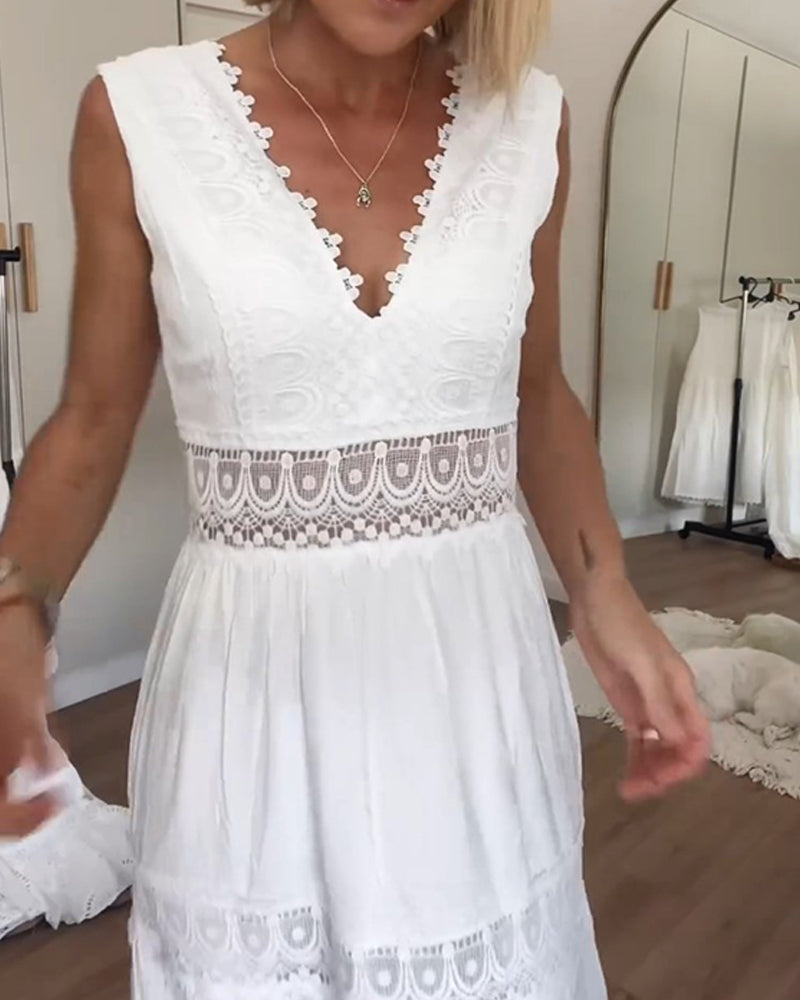 Chic Airy White Summer Midi Dress With Lace V Neck