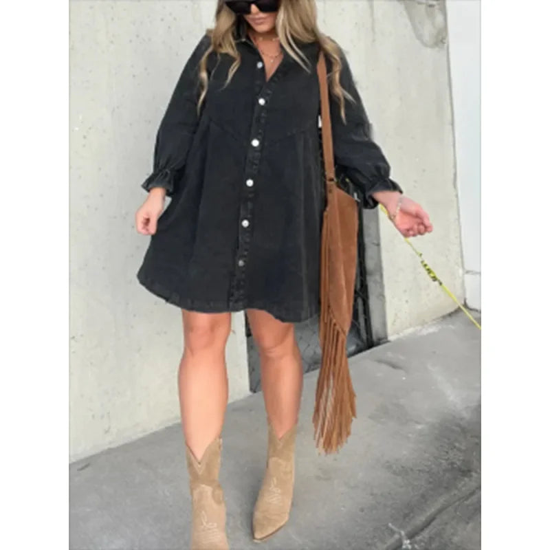 Chic Mini Dress – Stylish Lantern Sleeve A-Line for Effortless Autumn & Spring Looks