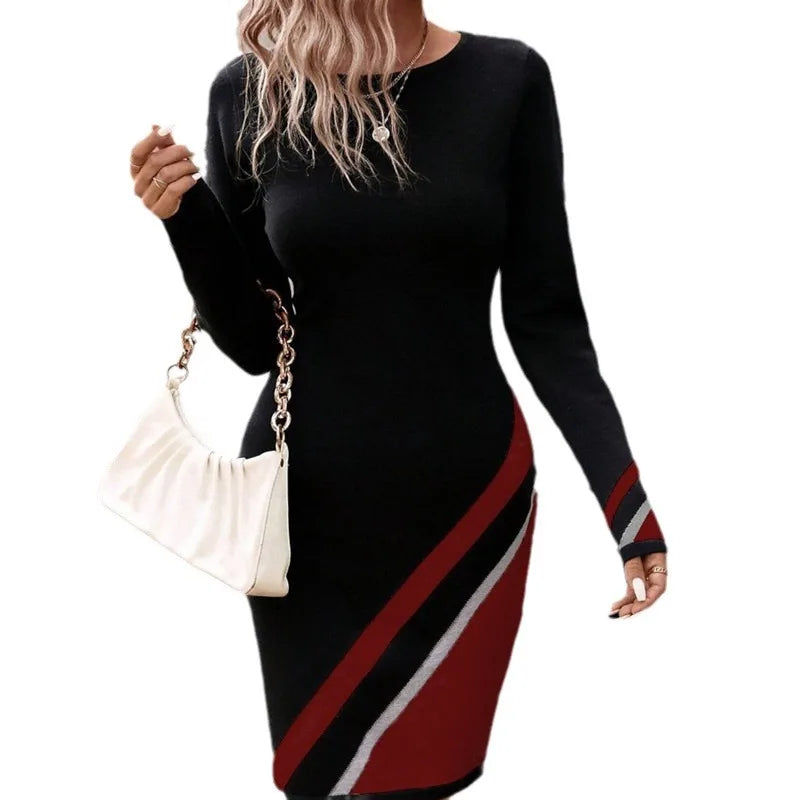 Chic Striped A-Line Dress – Elegant Long Sleeve Casual Style for Women