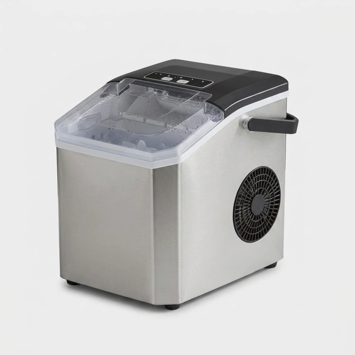 Compact Bullet Ice Maker with transparent lid, producing clear ice bullets for beverages, perfect for home kitchens or parties. 2