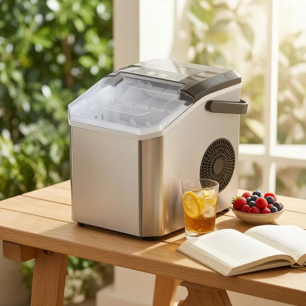 Compact Bullet Ice Maker with transparent lid, producing clear ice bullets for beverages, perfect for home kitchens or parties. 7