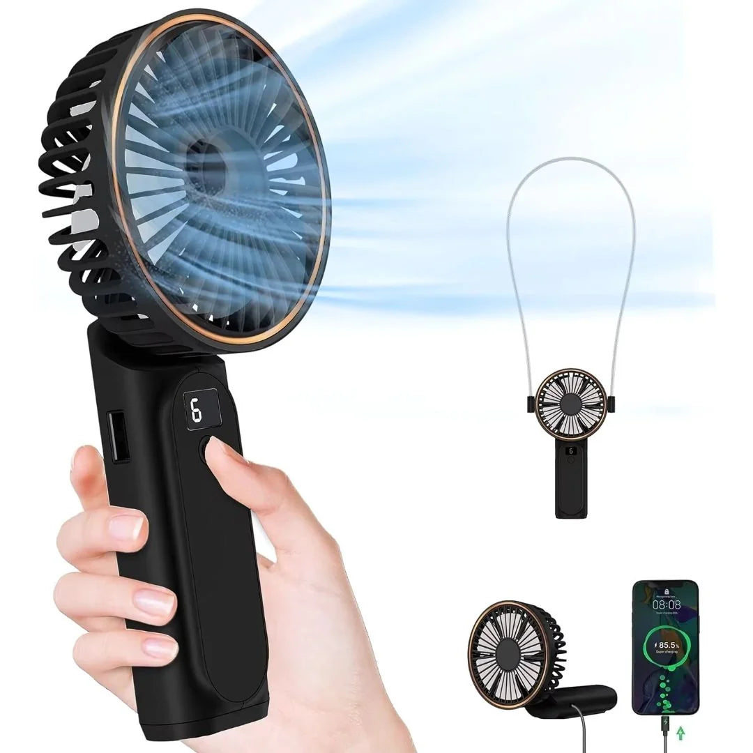 Compact USB rechargeable portable handheld fan in vibrant colors, featuring a sleek design and ergonomic handle for easy grip, ideal for on-the-go cooling and comfort during 0