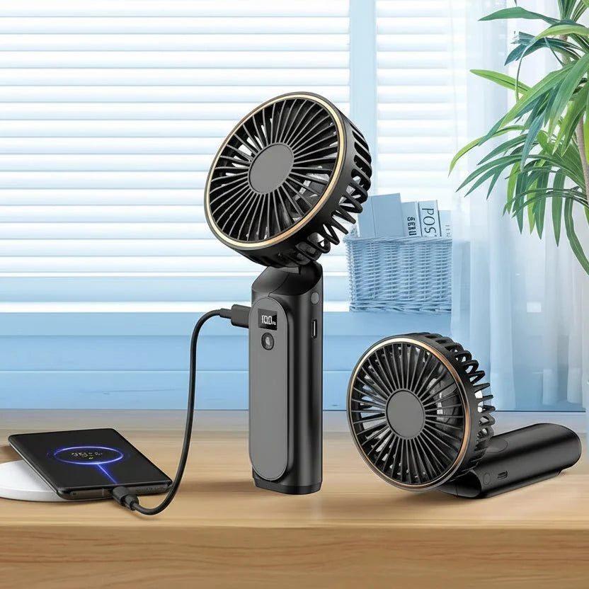 Compact USB rechargeable portable handheld fan in vibrant colors, featuring a sleek design and ergonomic handle for easy grip, ideal for on-the-go cooling and comfort during 2