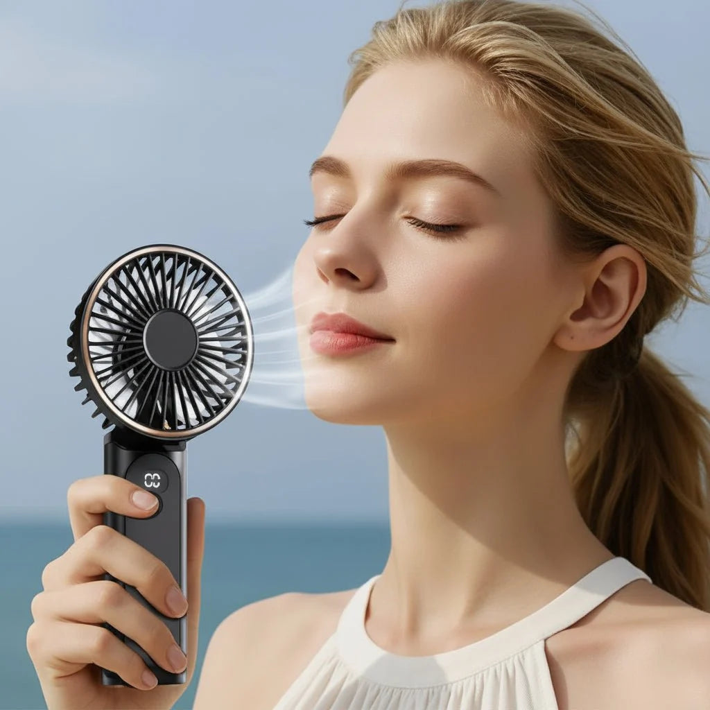 Compact USB rechargeable portable handheld fan in vibrant colors, featuring a sleek design and ergonomic handle for easy grip, ideal for on-the-go cooling and comfort during 4