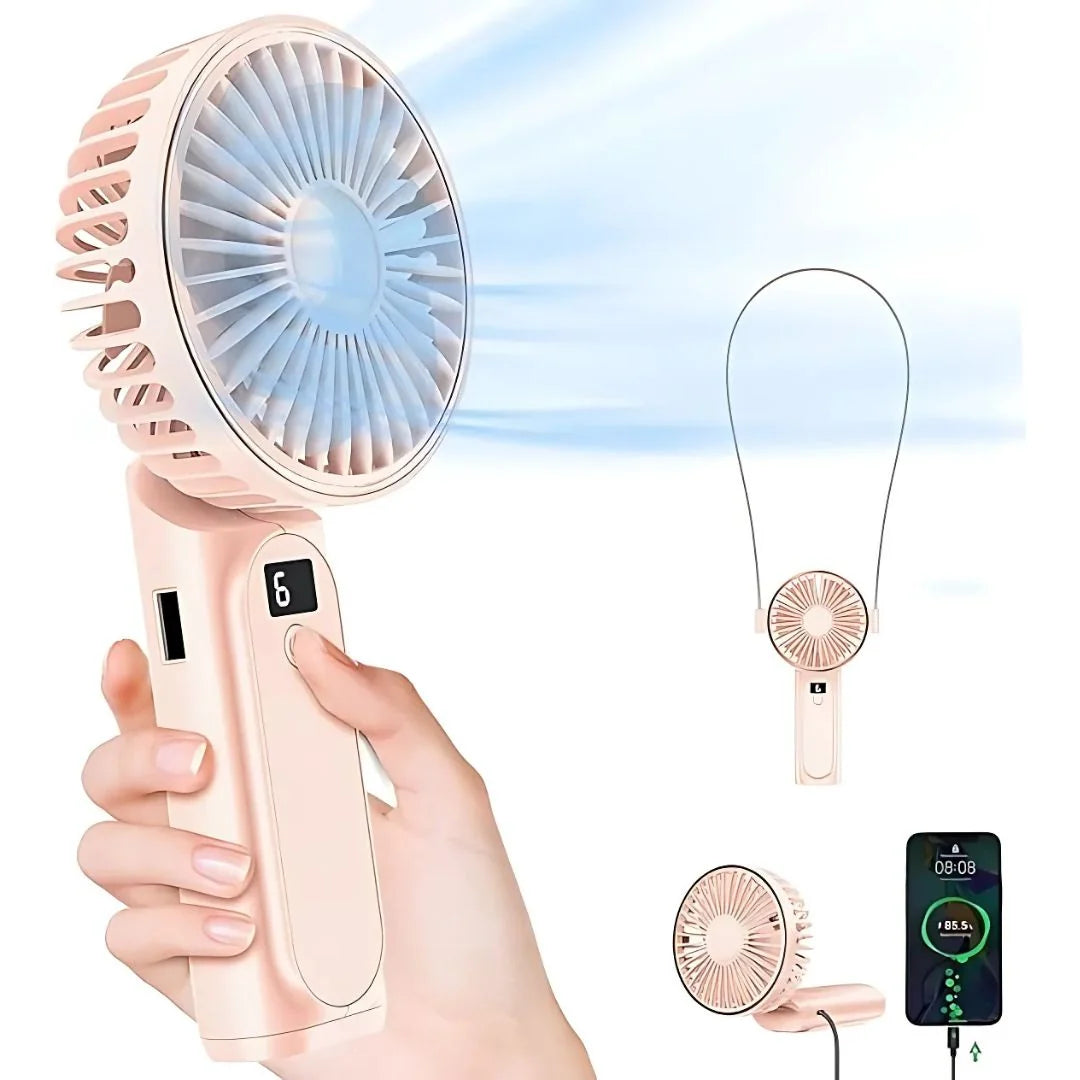Compact USB rechargeable portable handheld fan in vibrant colors, featuring a sleek design and ergonomic handle for easy grip, ideal for on-the-go cooling and comfort during 7