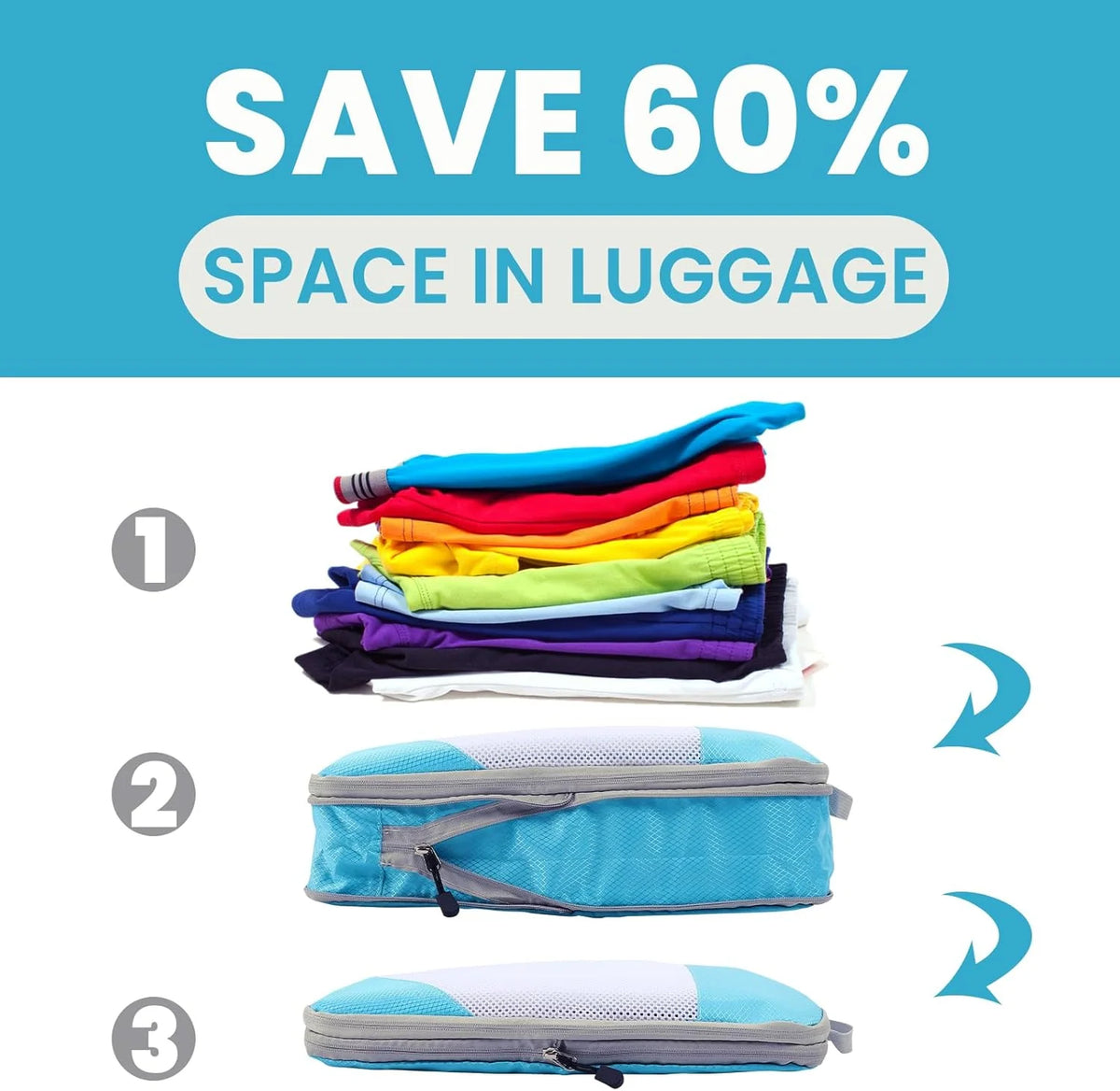 Set of 6 compression packing cubes for travel, featuring durable material and zippered compartments, designed to maximize luggage space and organize clothing efficiently. 1