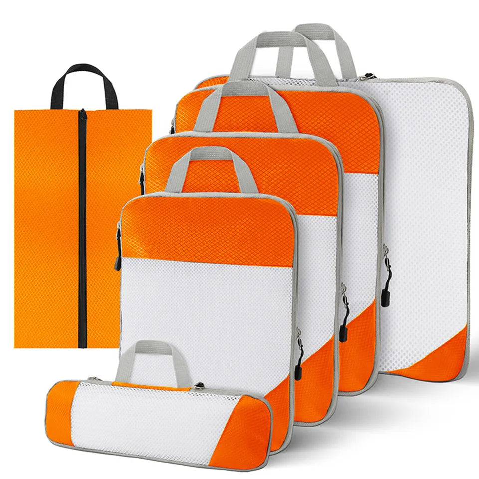 Set of 6 compression packing cubes for travel, featuring durable material and zippered compartments, designed to maximize luggage space and organize clothing efficiently. 11