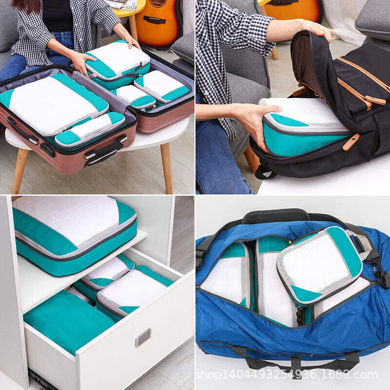 Set of 6 compression packing cubes for travel, featuring durable material and zippered compartments, designed to maximize luggage space and organize clothing efficiently. 2
