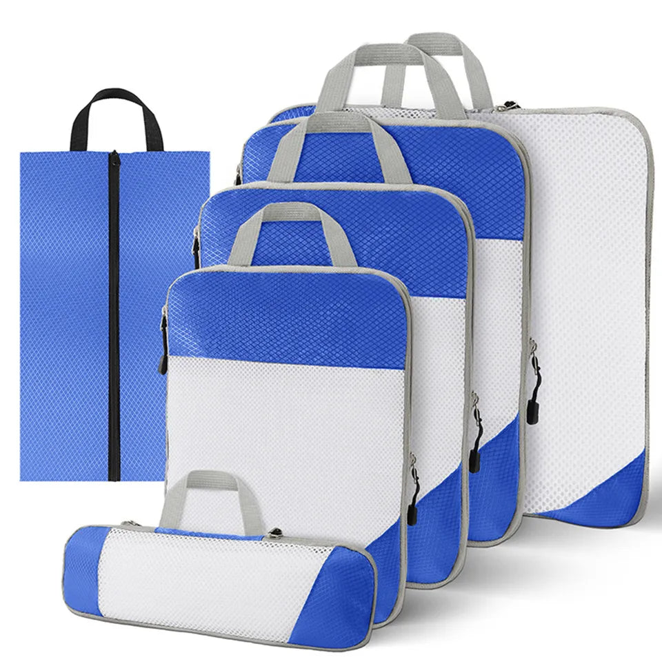 Set of 6 compression packing cubes for travel, featuring durable material and zippered compartments, designed to maximize luggage space and organize clothing efficiently. 3