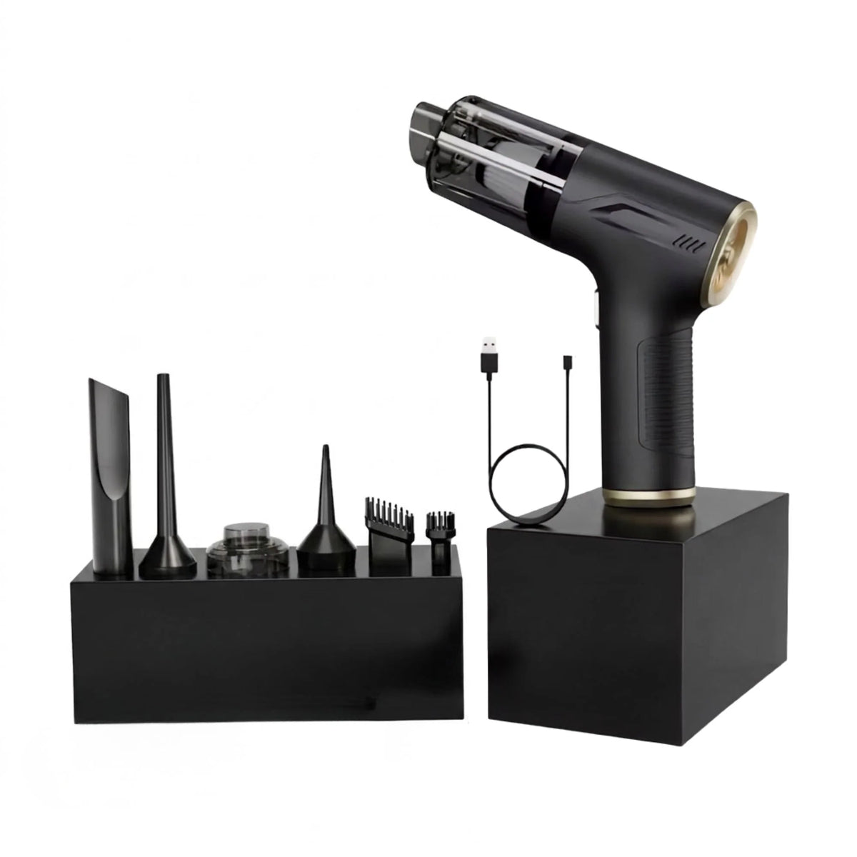 Cordless high-suction car vacuum cleaner featuring a detachable air blower, designed for efficient cleaning and detailing of vehicles, compact and portable for easy use. 2