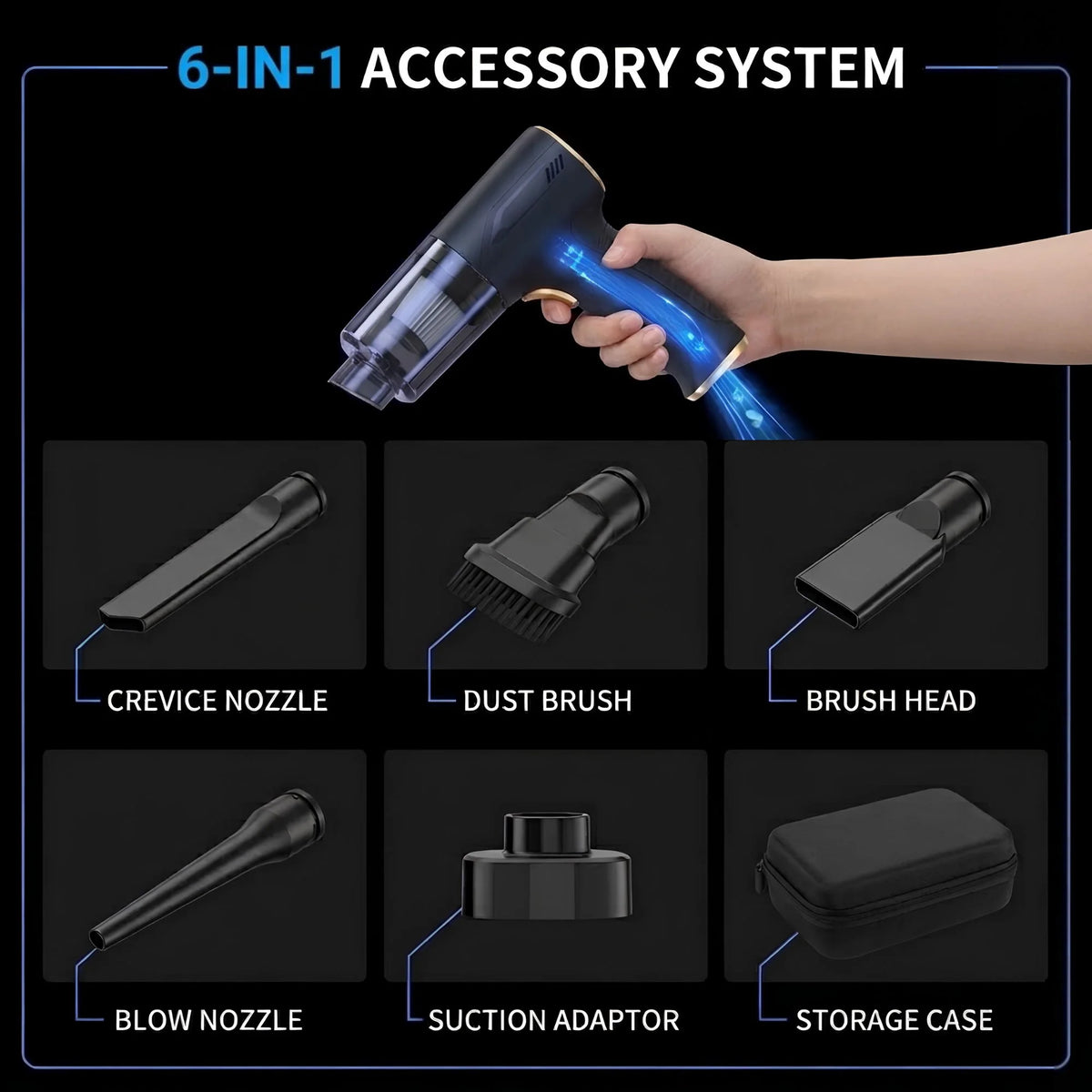 Cordless high-suction car vacuum cleaner featuring a detachable air blower, designed for efficient cleaning and detailing of vehicles, compact and portable for easy use. 4
