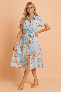 Elegant Belted Midi Shirt Dress with Slit | Refined Women's Wear