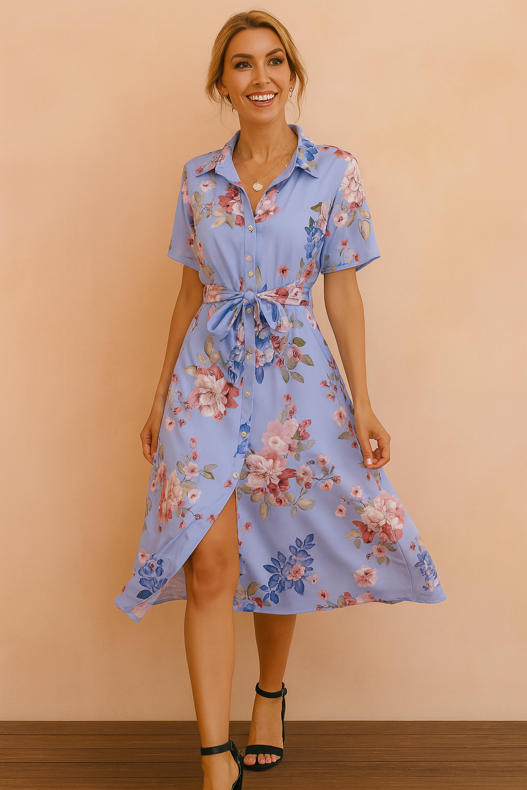 Elegant Belted Midi Shirt Dress with Slit | Refined Women's Wear