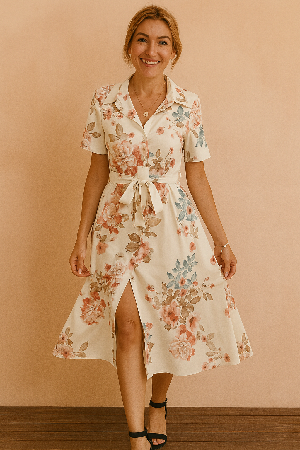 Elegant Belted Midi Shirt Dress with Slit | Refined Women's Wear