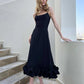 Elegant Black One Shoulder Ruffle Midi Dress Crepe