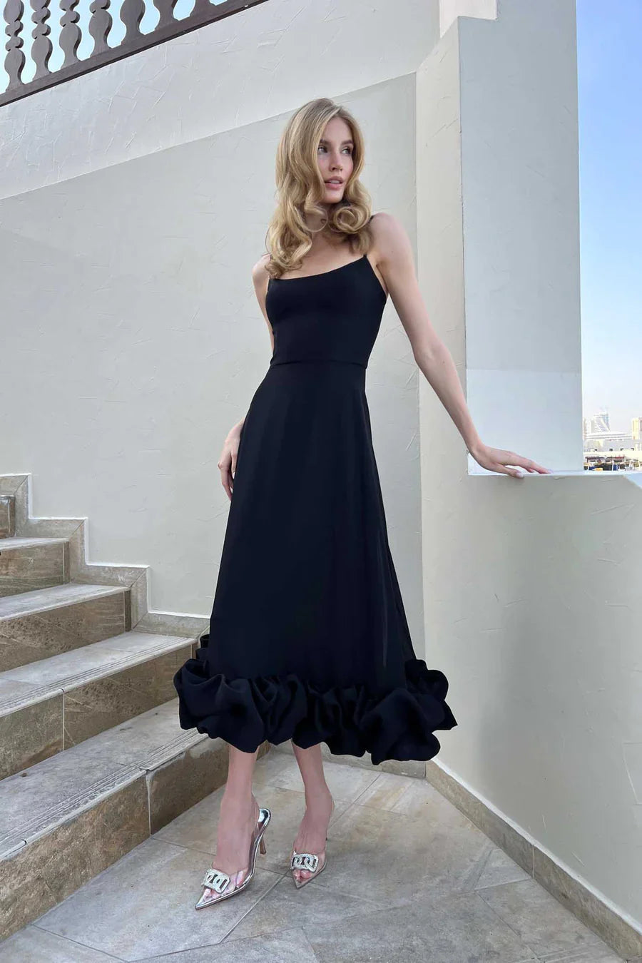 Elegant Black One Shoulder Ruffle Midi Dress Crepe