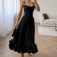 Elegant Black One Shoulder Ruffle Midi Dress Crepe