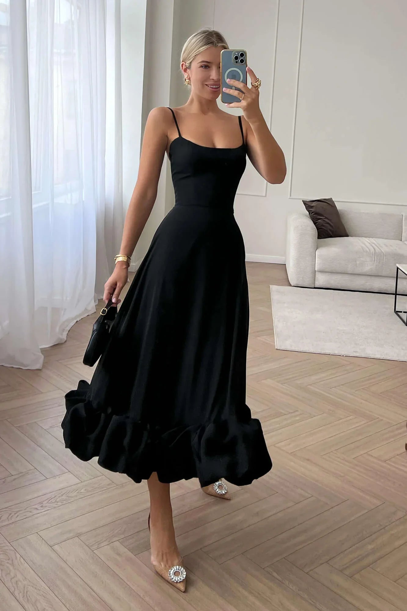 Elegant Black One Shoulder Ruffle Midi Dress Crepe