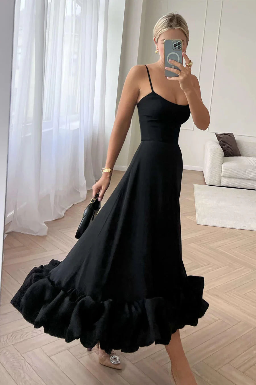 Elegant Black One Shoulder Ruffle Midi Dress Crepe