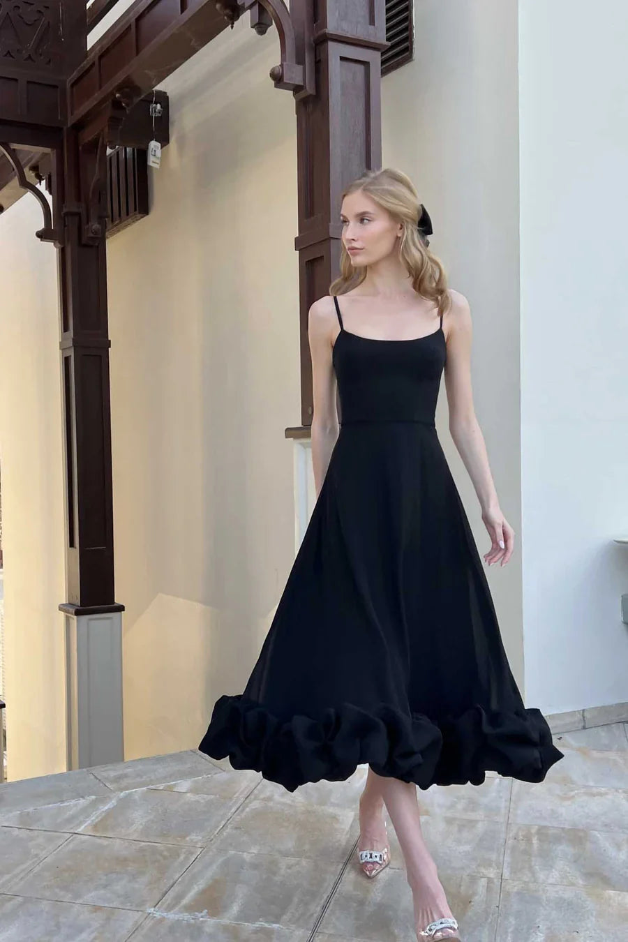 Elegant Black One Shoulder Ruffle Midi Dress Crepe