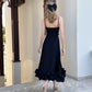 Elegant Black One Shoulder Ruffle Midi Dress Crepe