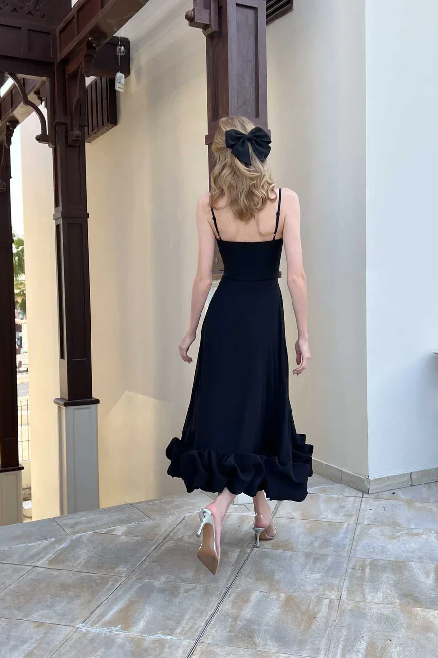 Elegant Black One Shoulder Ruffle Midi Dress Crepe