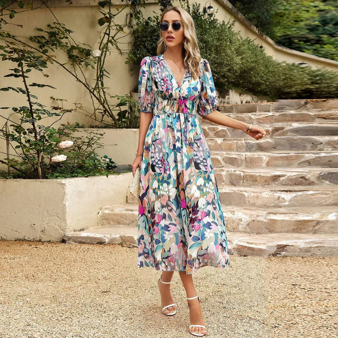 Elegant Flowing Midi Dress With Floral Print