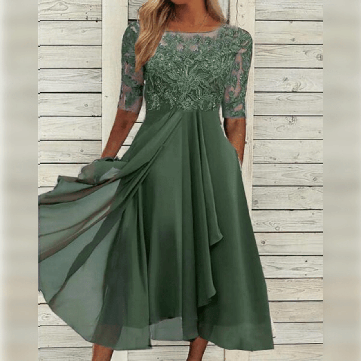 Elegant Flowy Women's Dress With Lace Bodice