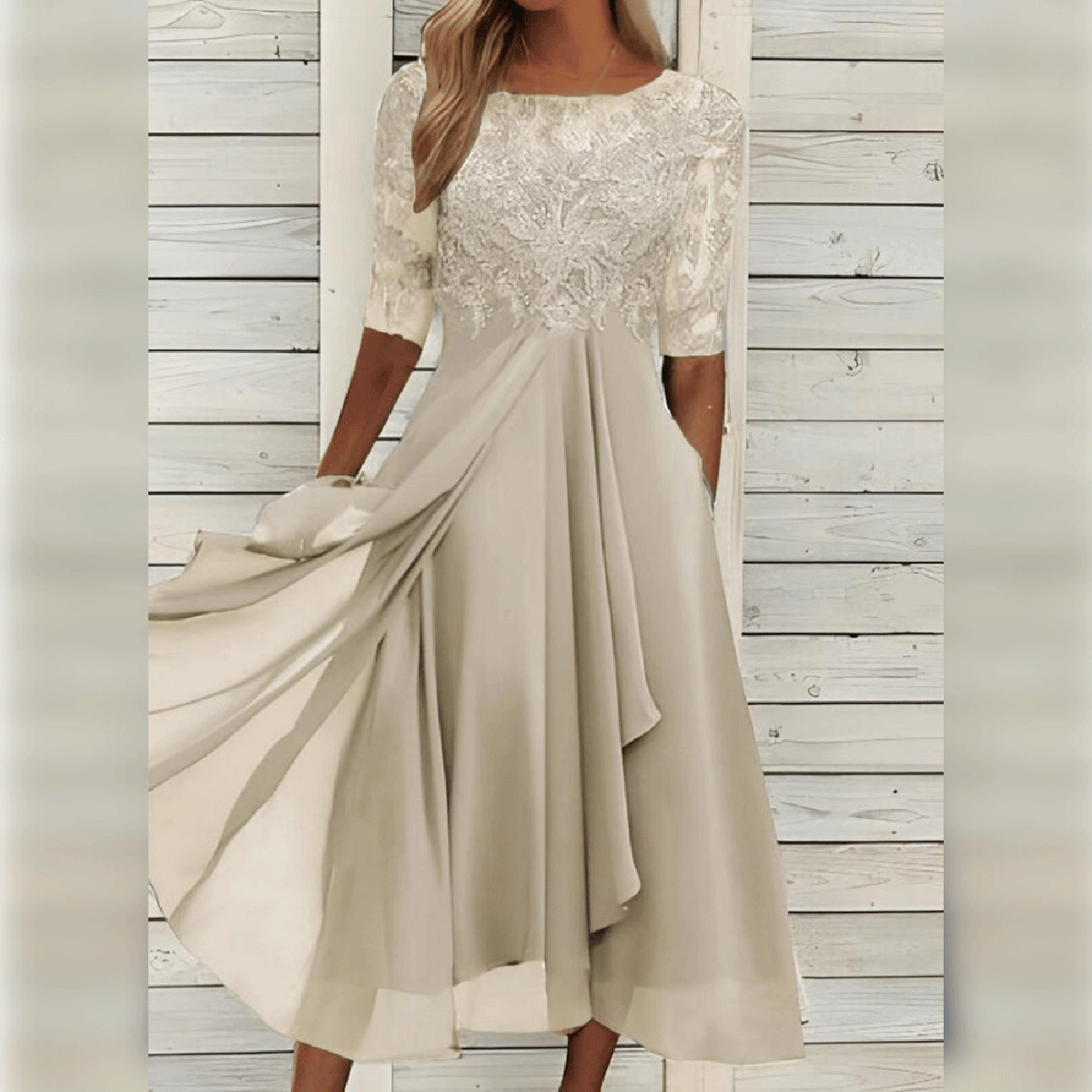 Elegant Flowy Women's Dress With Lace Bodice