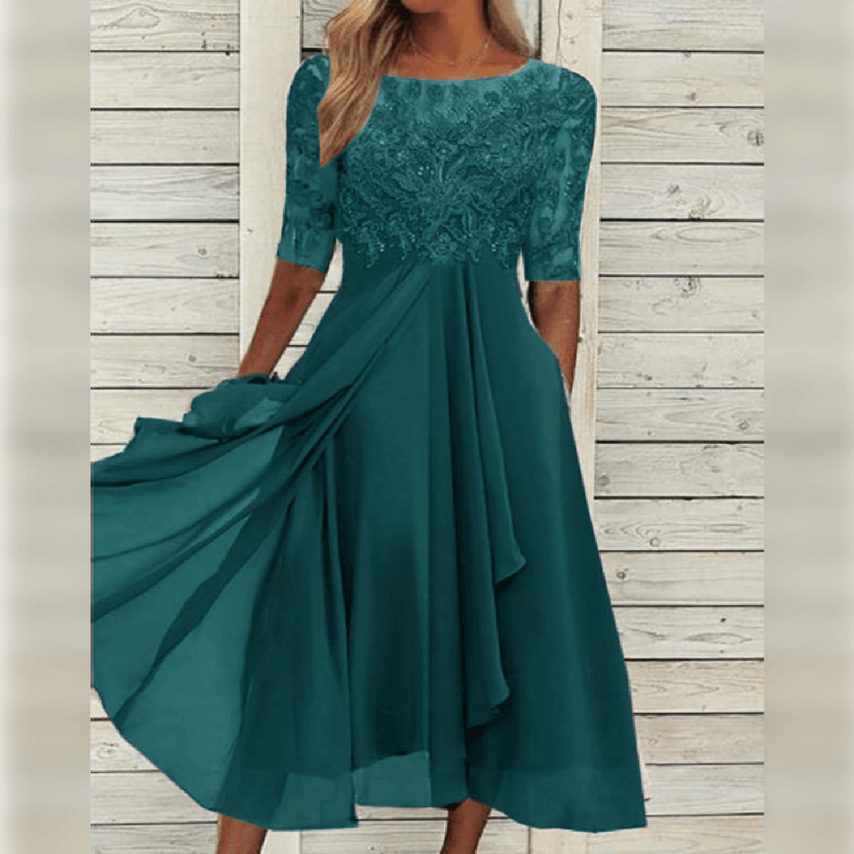 Elegant Flowy Women's Dress With Lace Bodice